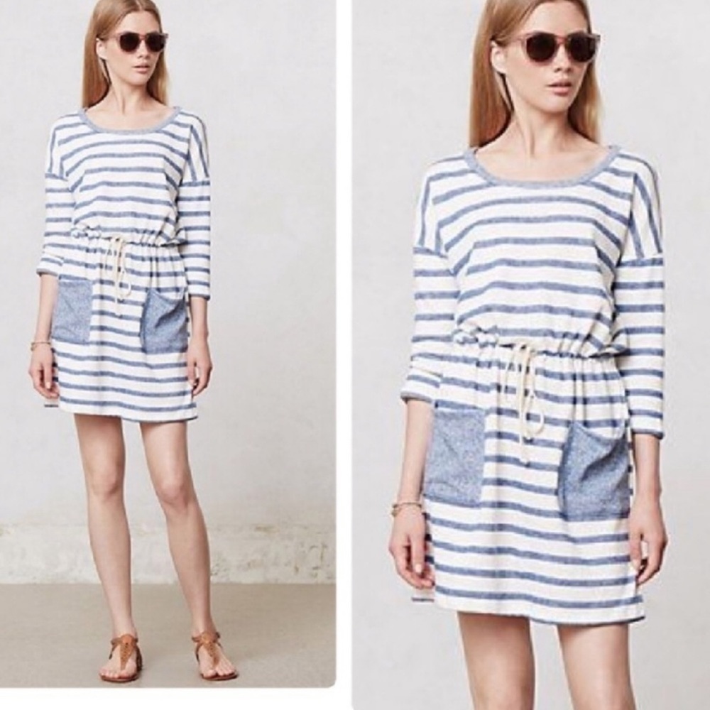 Anthropologie Preppy striped soft Terry cloth casual beach mini dress w pockets